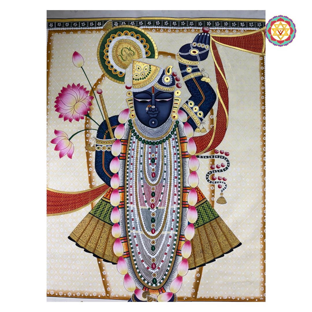 close-up capturing texture and fine detailing of shrinathji pichwai