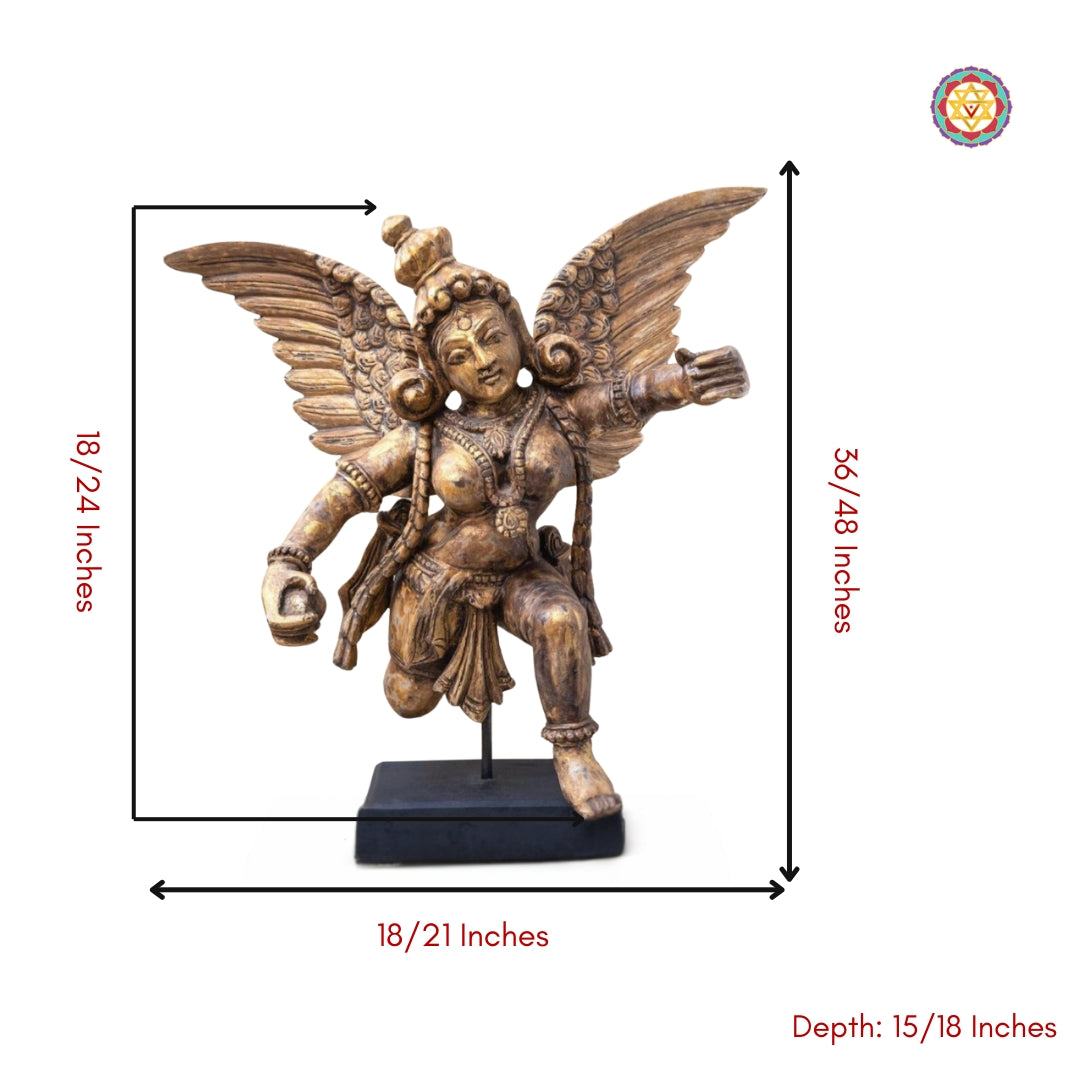 Detailed view of wooden Gandharva tabletop idol showing rosewood polish and artisan craftsmanship