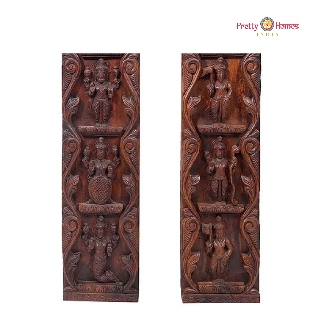 Vertical Vishnu Dasavtar Woodcarved Wall Panel Pair