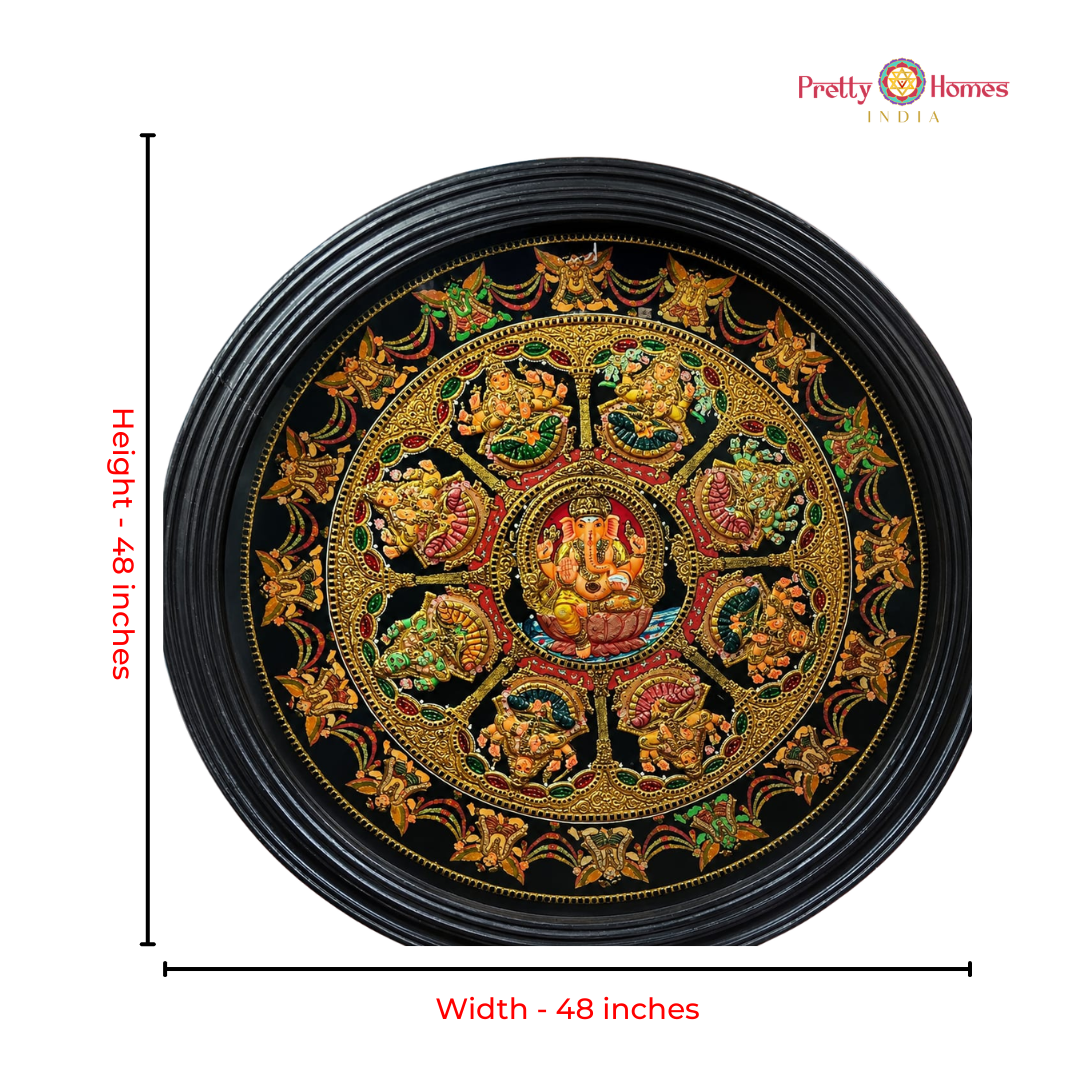 Round Hand-Painted Tanjore – Ganesha with Ashtalakshmi in 24 Carat Real Gold Foil