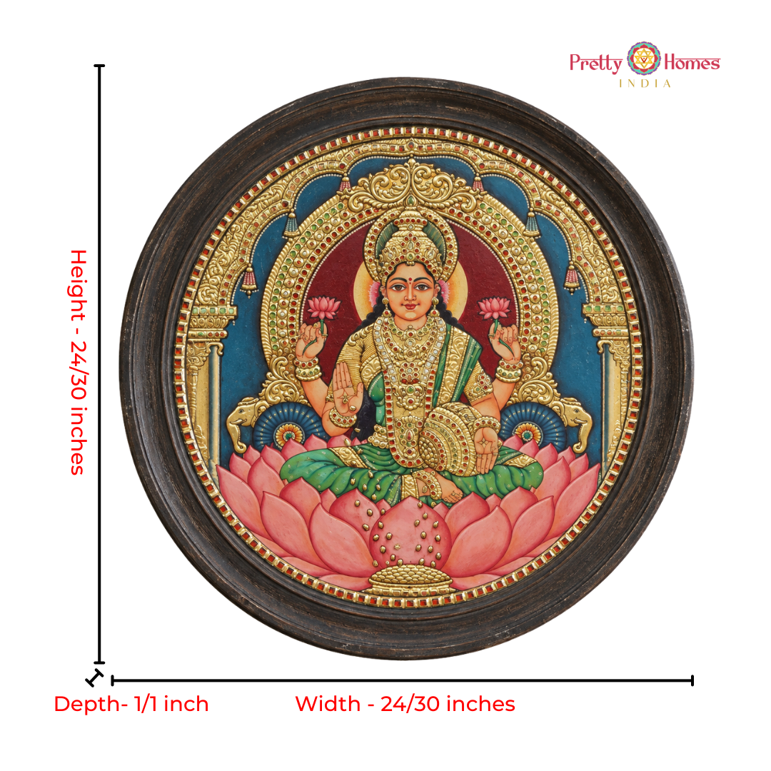 Round Chaturbhuja Dhanalakshmi – 22K Gold Tanjore Painting