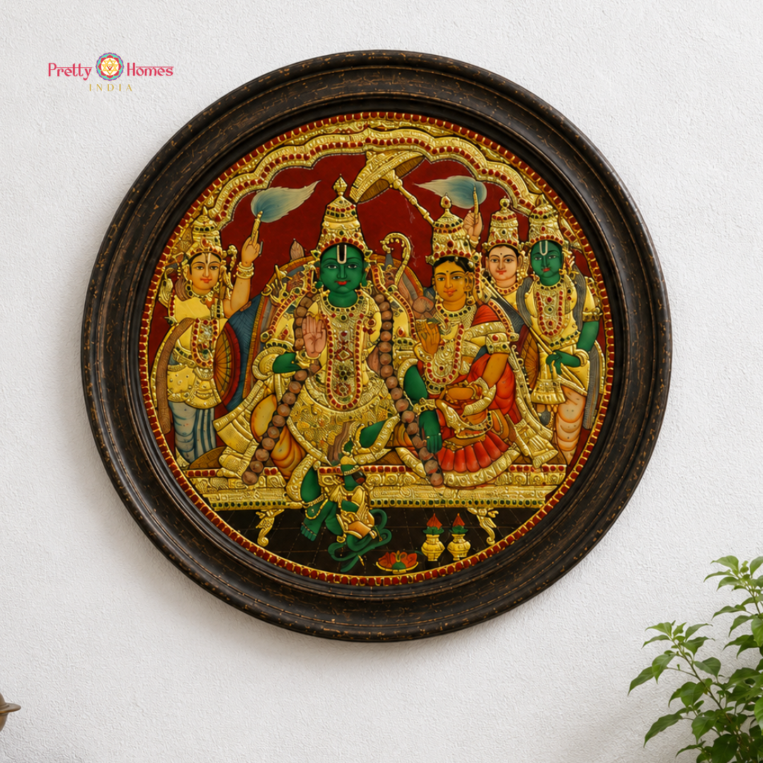 Round Vintage finish Ram Darbar / Ram Parivar Chettinad Style Tanjore