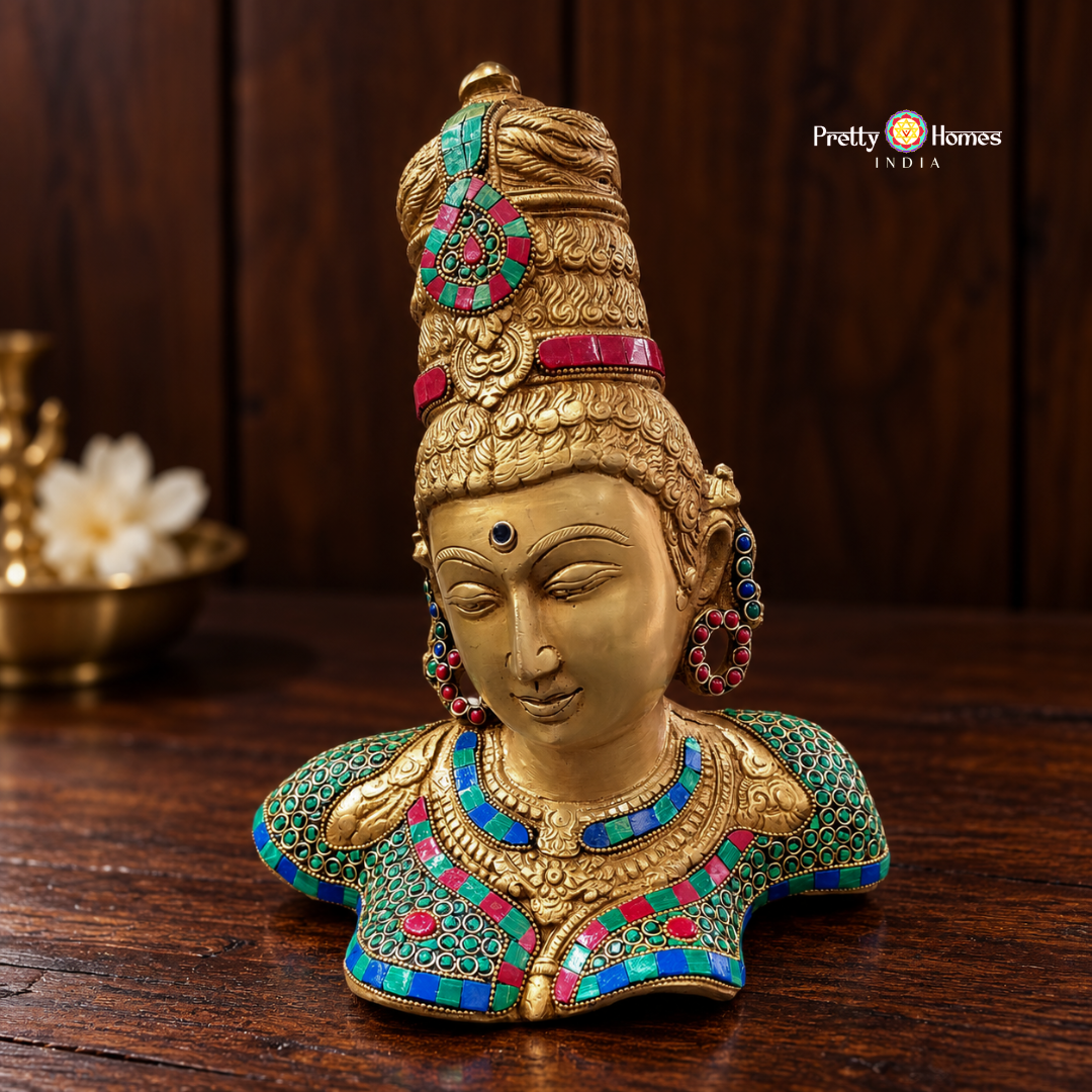 Goddess Lalita Parvati Bust – Multicoloured Stone Studded Brass Tabletop
