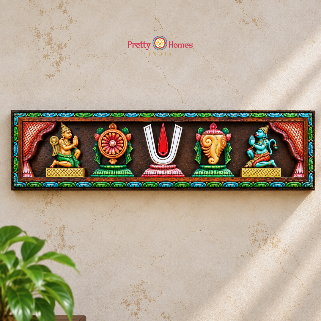 Hand-Carved Shankh Chakra Naam Panel with Hanuman & Garuda