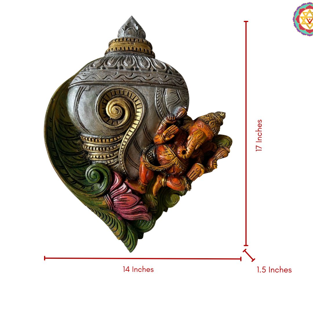 woodcarved conch/shankh wall frame with Ganehsa on lotus