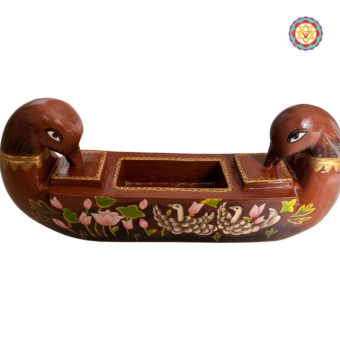 wooden wall shelf with lotus motif and hand carved swan pair design