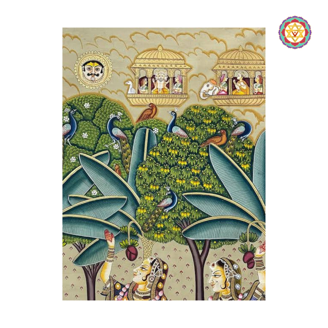 Close-up view of gopikas forest dance scene with antique heritage detailing