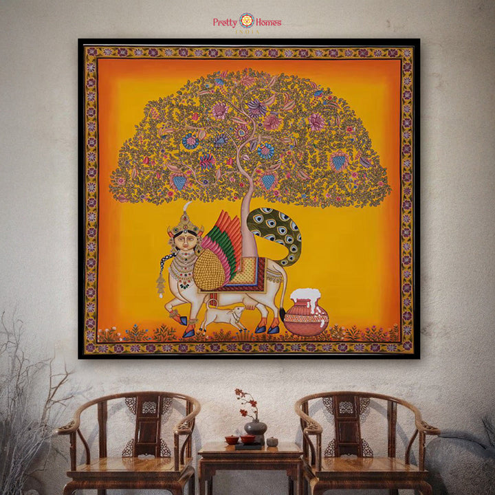hand-painted pichwai painting of kamdhenu under the tree of life