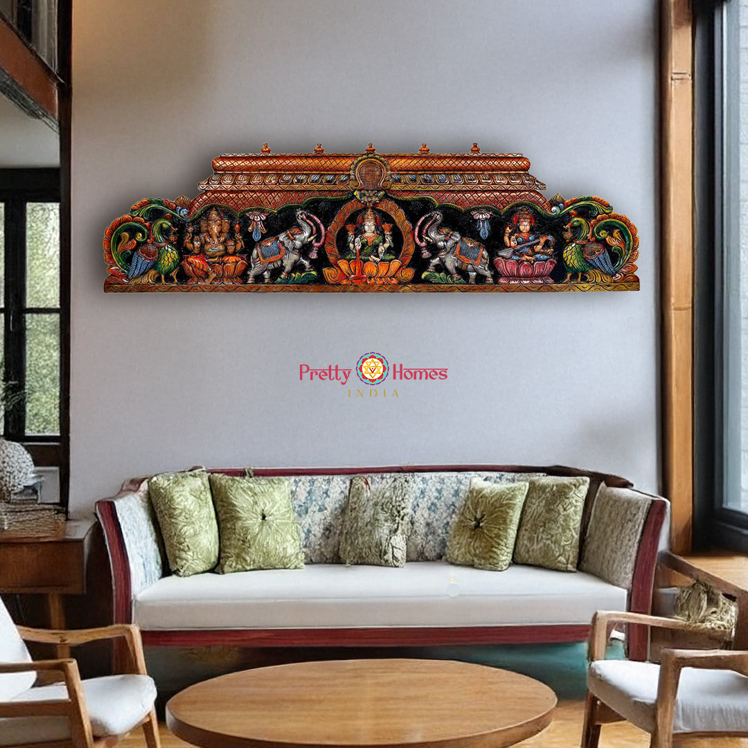 60” Handcrafted Wooden Gopuram Design Gaja Lakshmi Panel with Ganesha & Saraswati