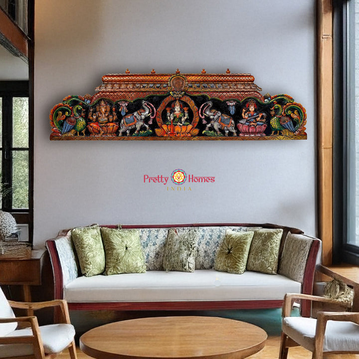 60” Handcrafted Wooden Gopuram Design Gaja Lakshmi Panel with Ganesha & Saraswati