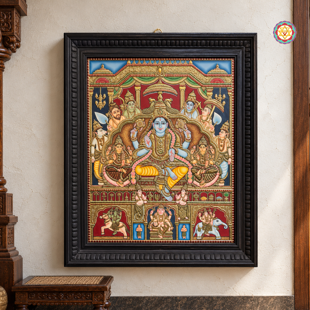 Lord Vishnu with Goddess Lakshmi & Saraswati – Tanjore Painting
