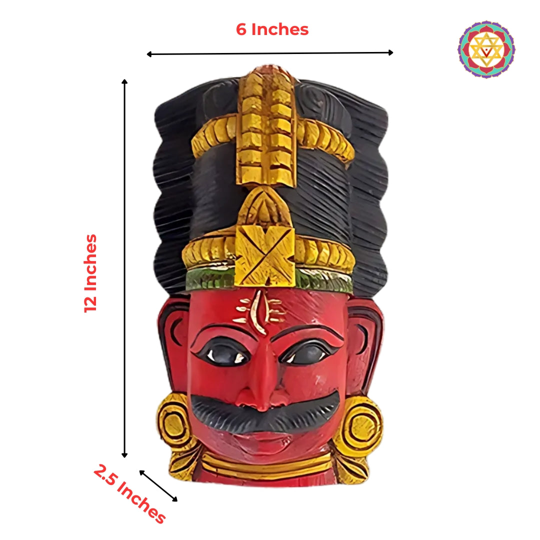 hand-painted carved wooden deity head mask with stylized mustache and crown product photo.