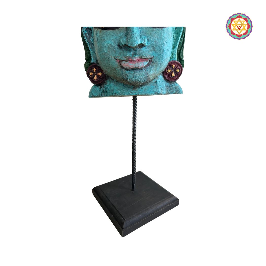 Vishnu wooden mask on stand for spiritual home styling