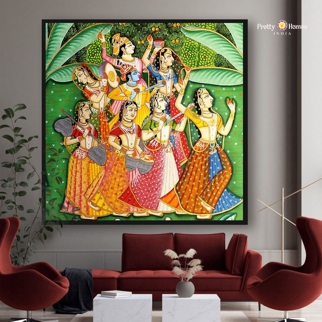 Handpainted pichwai -Picturesque Holi Pichwai – Krishna with Gopis in Celebration