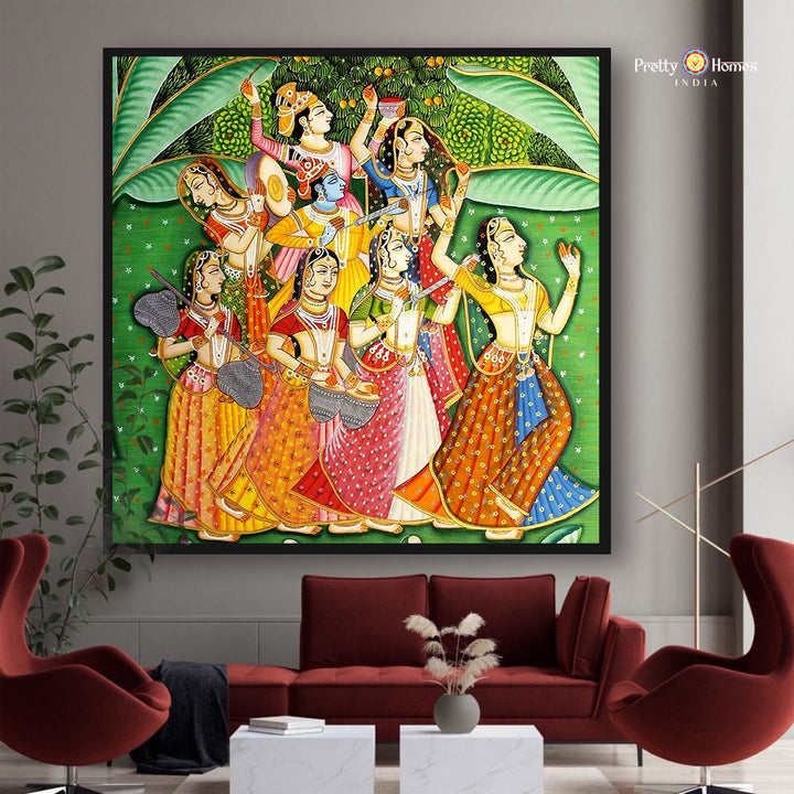 Handpainted pichwai -Picturesque Holi Pichwai – Krishna with Gopis in Celebration