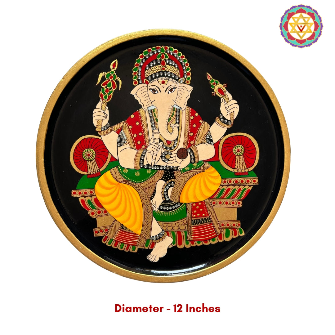 12-inch round wooden plate featuring Ganesha in Pichwai artwork, perfect for Pichwai wall art and festive decor.