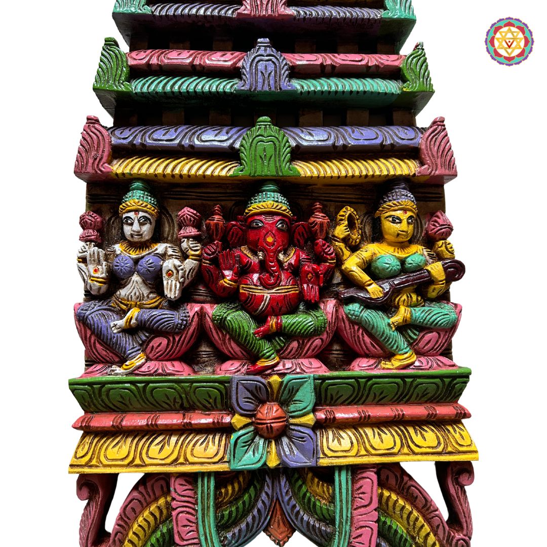 Close-up of Kavadi panel showing ornate details — handcrafted teak wood with gold brown finish