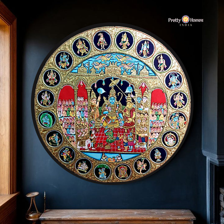 Round Handmade Tanjore – Ram Pattabhishek with Dashavatar Border | 24K Gold & Teakwood Frame