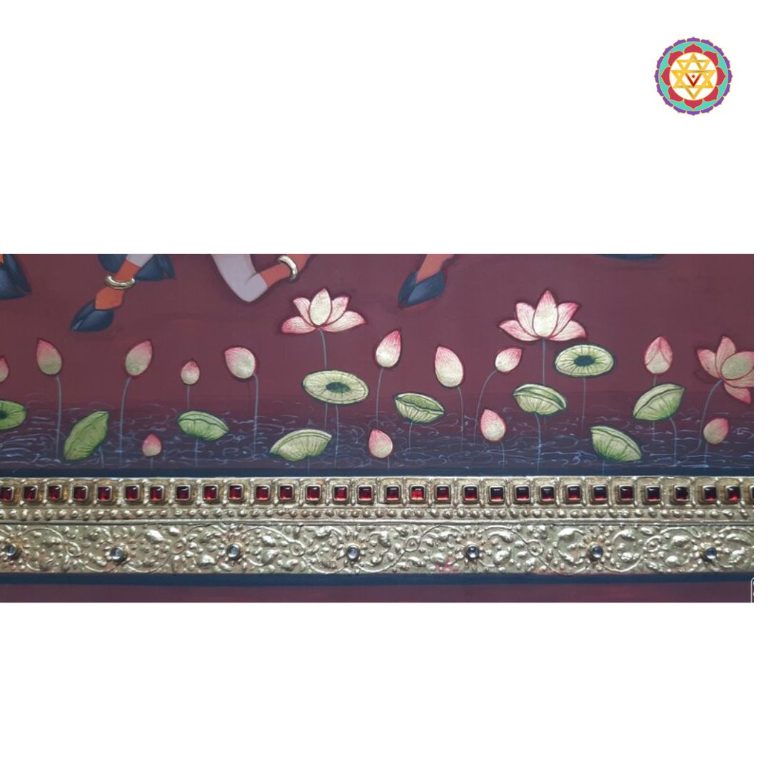 Close-up detailing of Shrinathji and lotus pond brushwork