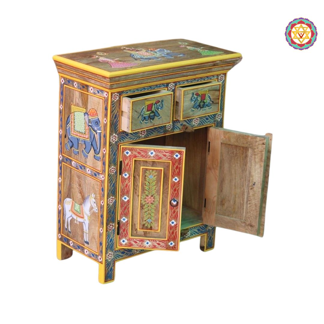 Wooden Handpainted Storage Cabinet – Side Cabinet with Floral &amp; Elephant Paintings