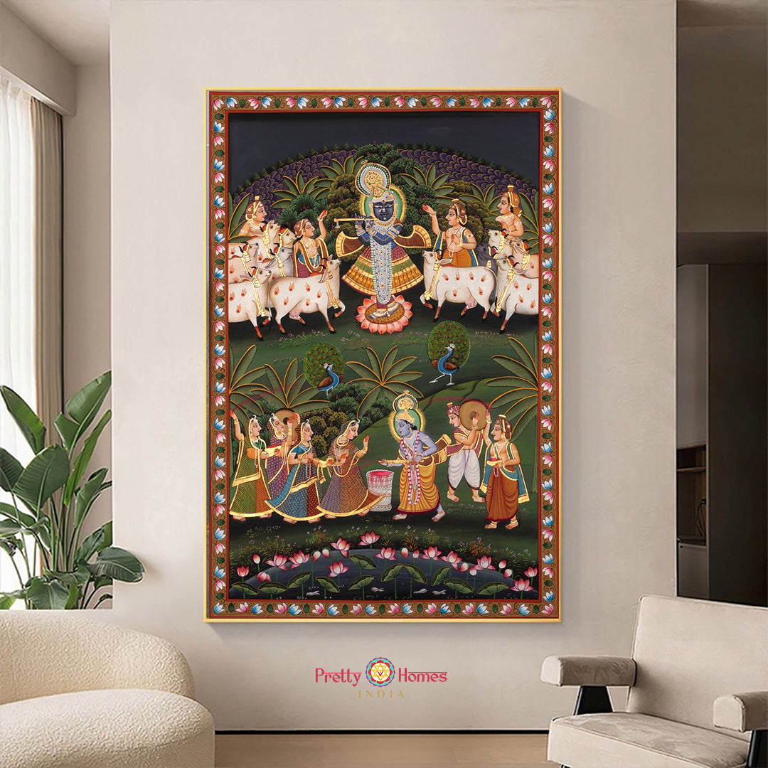 Hand-painted Pichwai of Shrinathji with Gopikas and cows — devotional Indian artwork on cloth with natural pigments