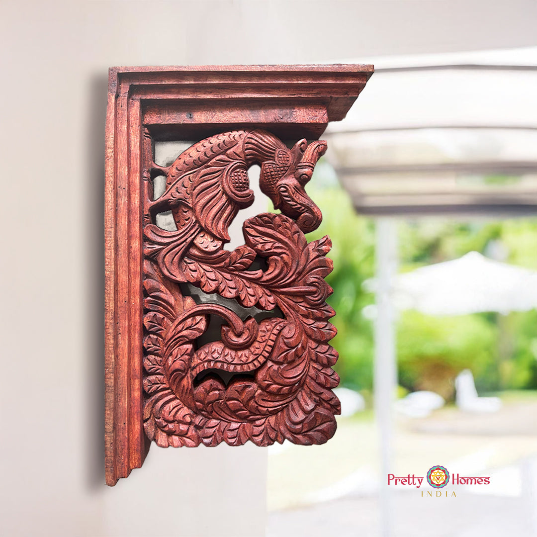 antique yali wood statue with birds and vine carvings in distressed finish