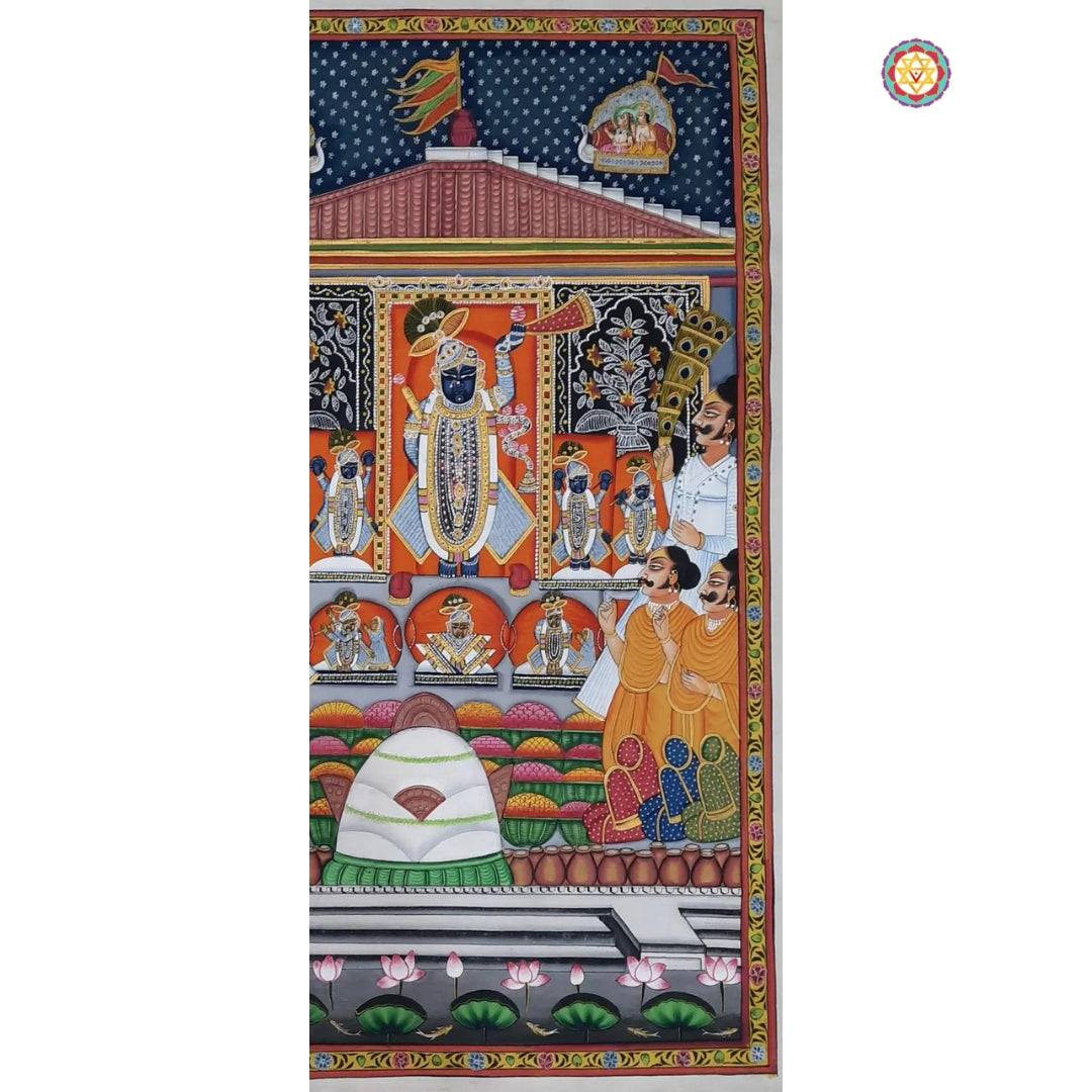 Raas leela Pichwai painting with Krishna dancing among gopis on dark background