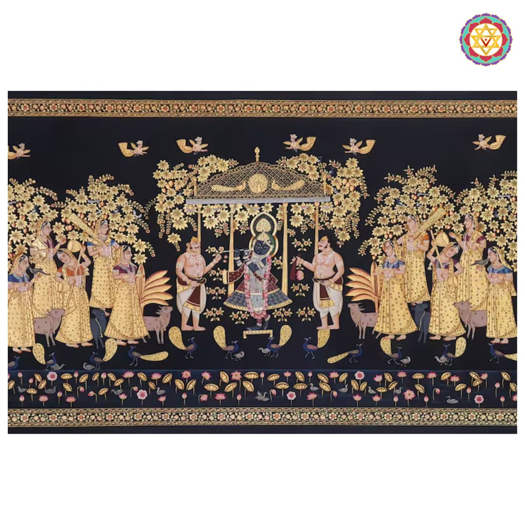 golden tree of life pichwai full artwork with cows beneath golden branches