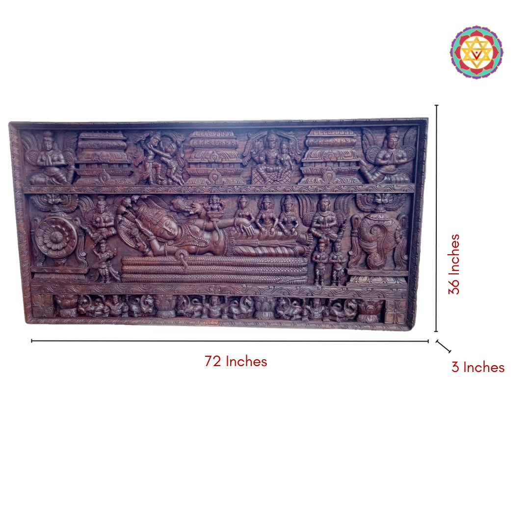 Wooden plaque with carvings and measurements on a white background - Measurement view of 6-ft wide resting Vishnu teakwood panel


