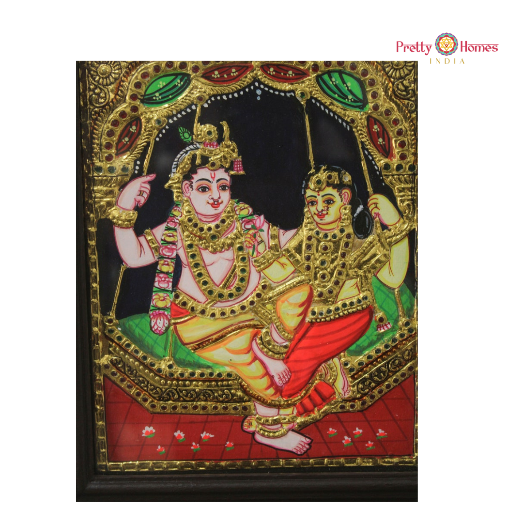 Chola-Style Lord Krishna & Radha on a Swing Tanjore in Real Gold