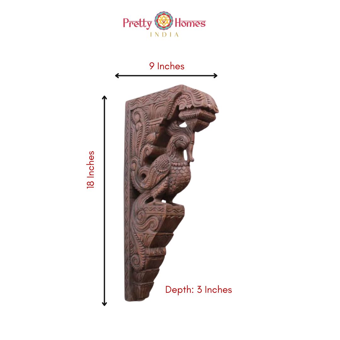 Angled view of parrot wooden wall brackets — antique brown gold finish, decorative handmade ethnic wall decor