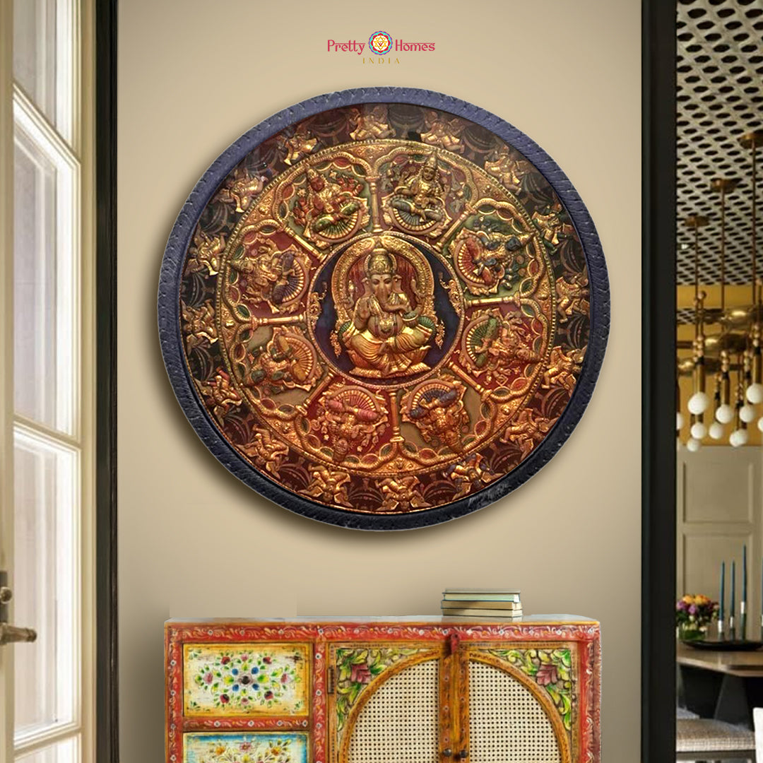Circular Ashtalakshmi and Ganesha Tanjore painting in 22-carat gold