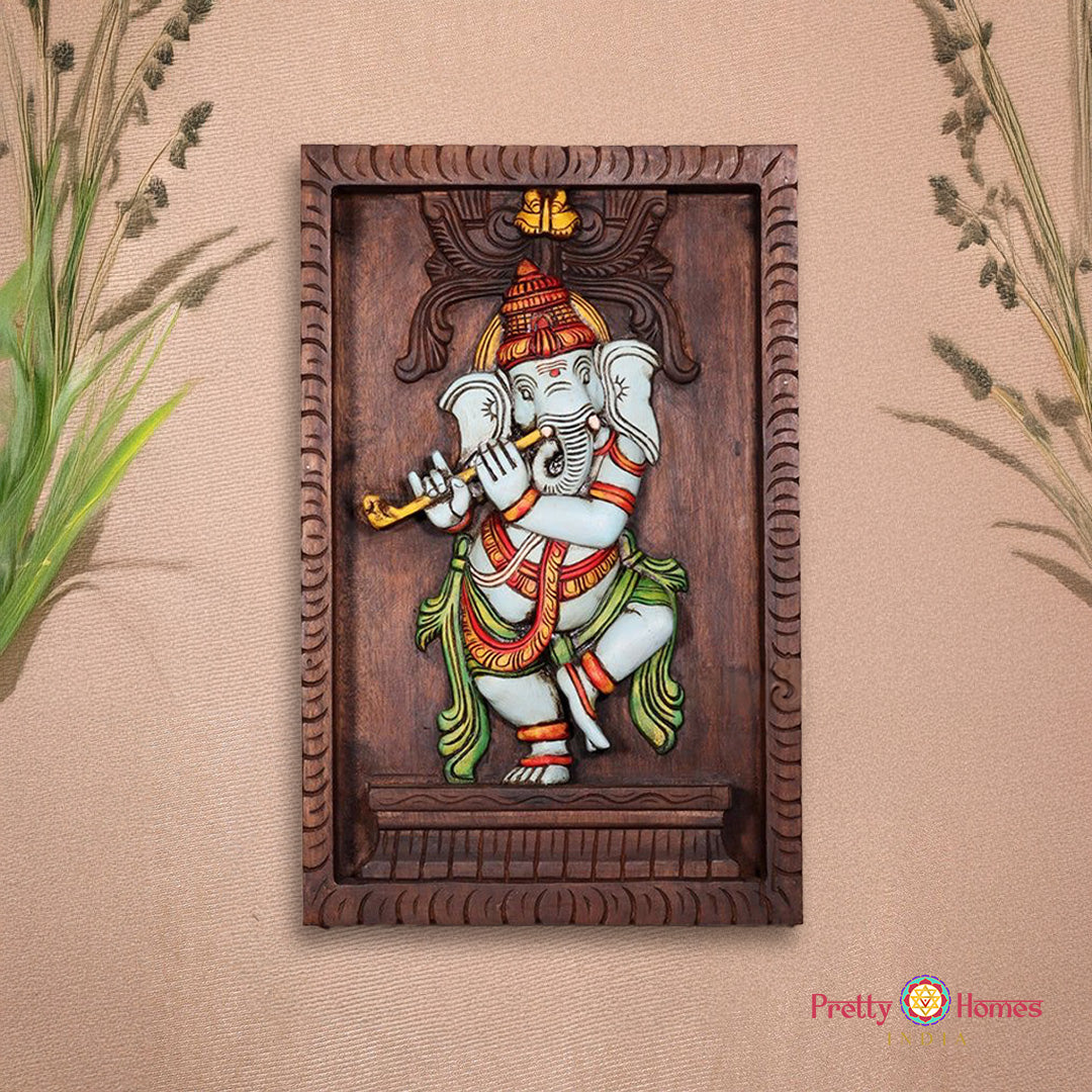 woodcarved murli /flute Ganesha frame.wall hanging