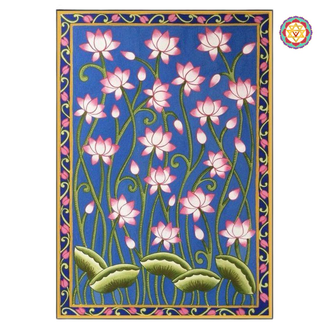Close-up of lotus pichwai painting with vibrant pink blooms and green leaves on a deep blue canvas.
