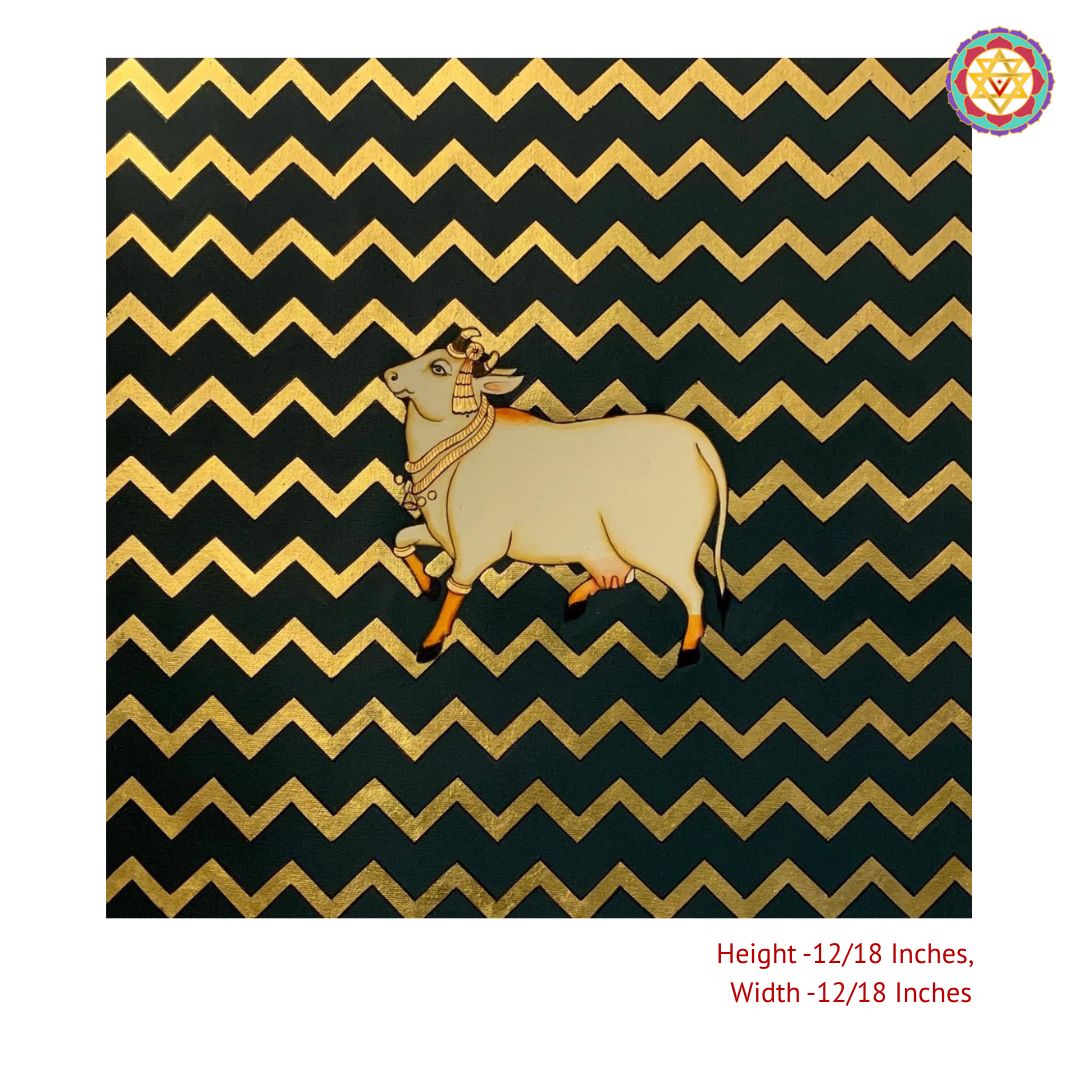 Hand-Painted Pichwai – Cow with Black &amp; Gold Abstract Design