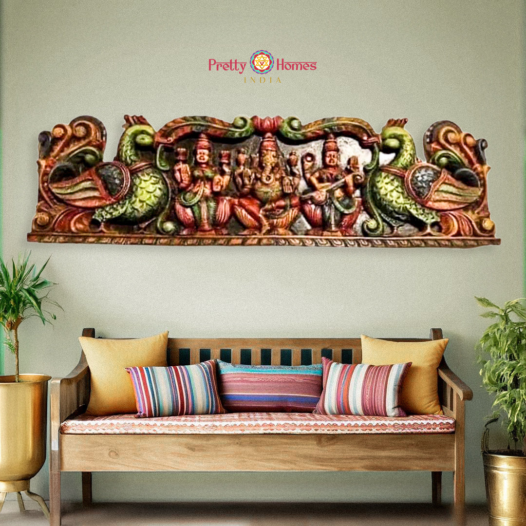 Ganesh Laxmi Saraswati panel — handcrafted wooden pooja wall decor.