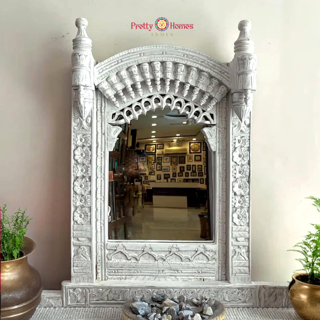 “Handcarved wooden jharokha wall mirror in rustic off-white finish – classic Indian design”