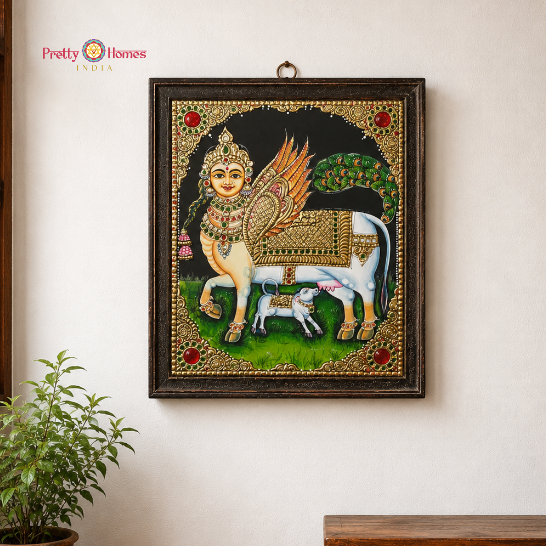 Kamadhenu with Calf Tanjore in Real Gold