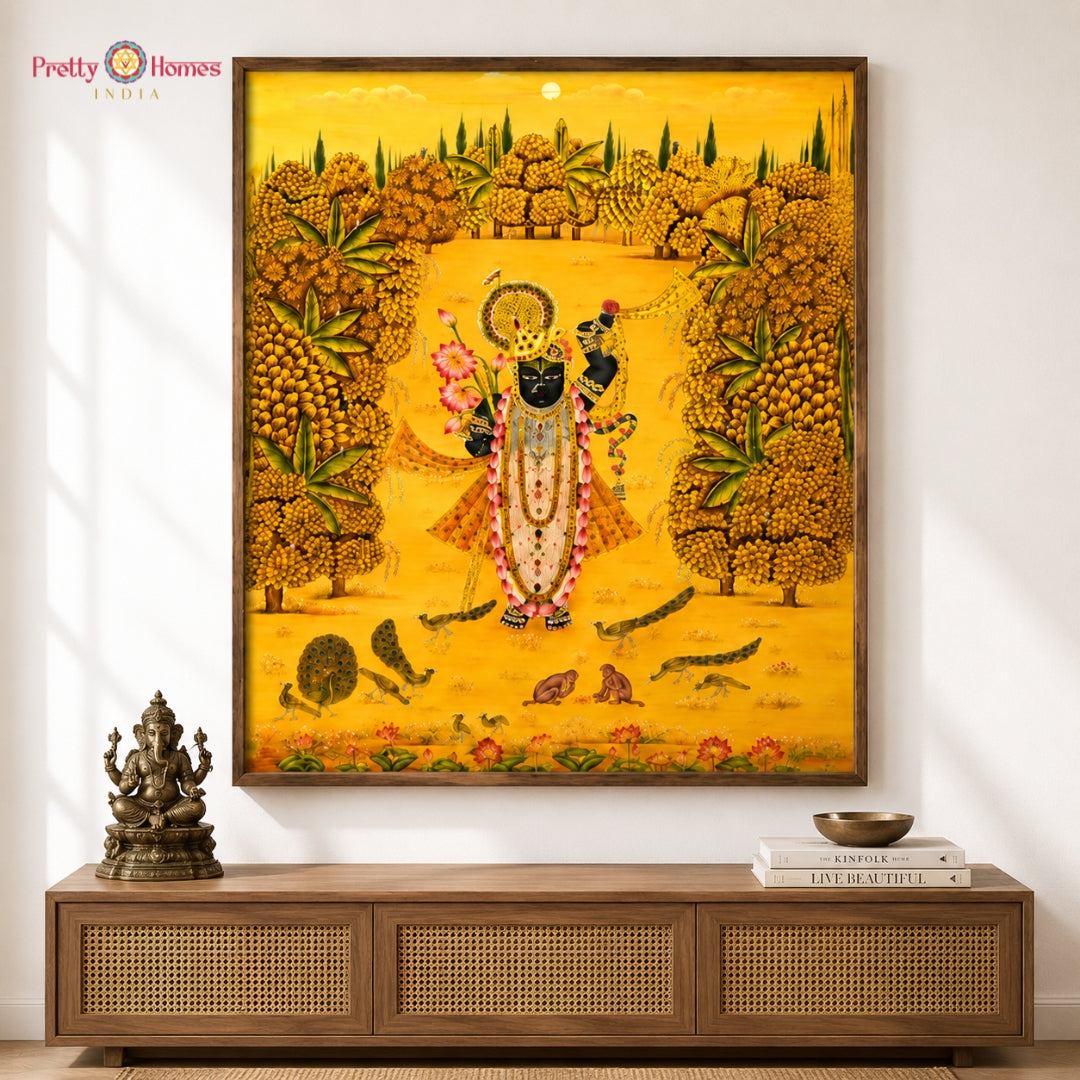 Hand-Painted Pichwai – Shrinathji Darshan with Golden Trees