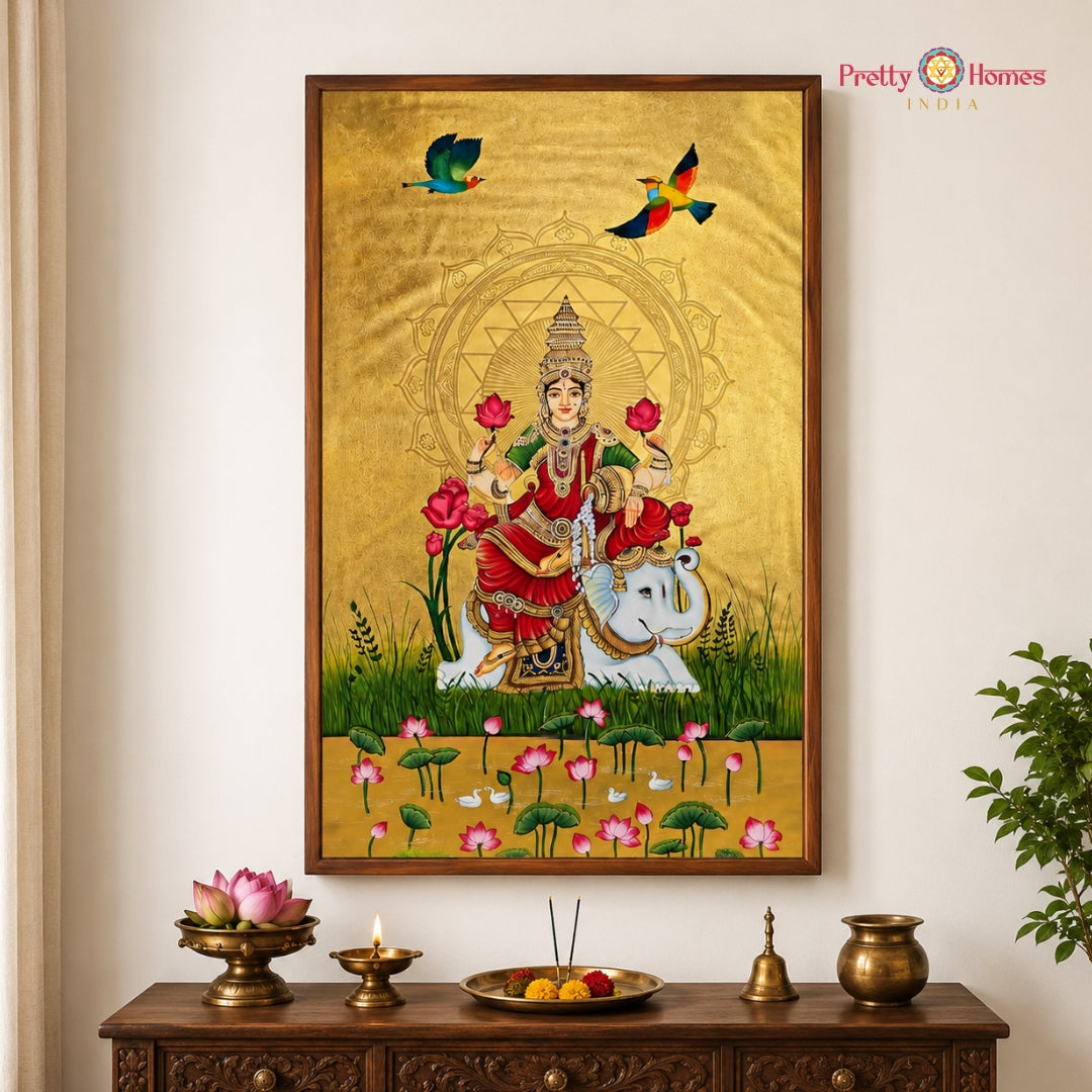 Handpainted Pichwai Chettinad-Style Gajalakshmi on Golden Backdrop