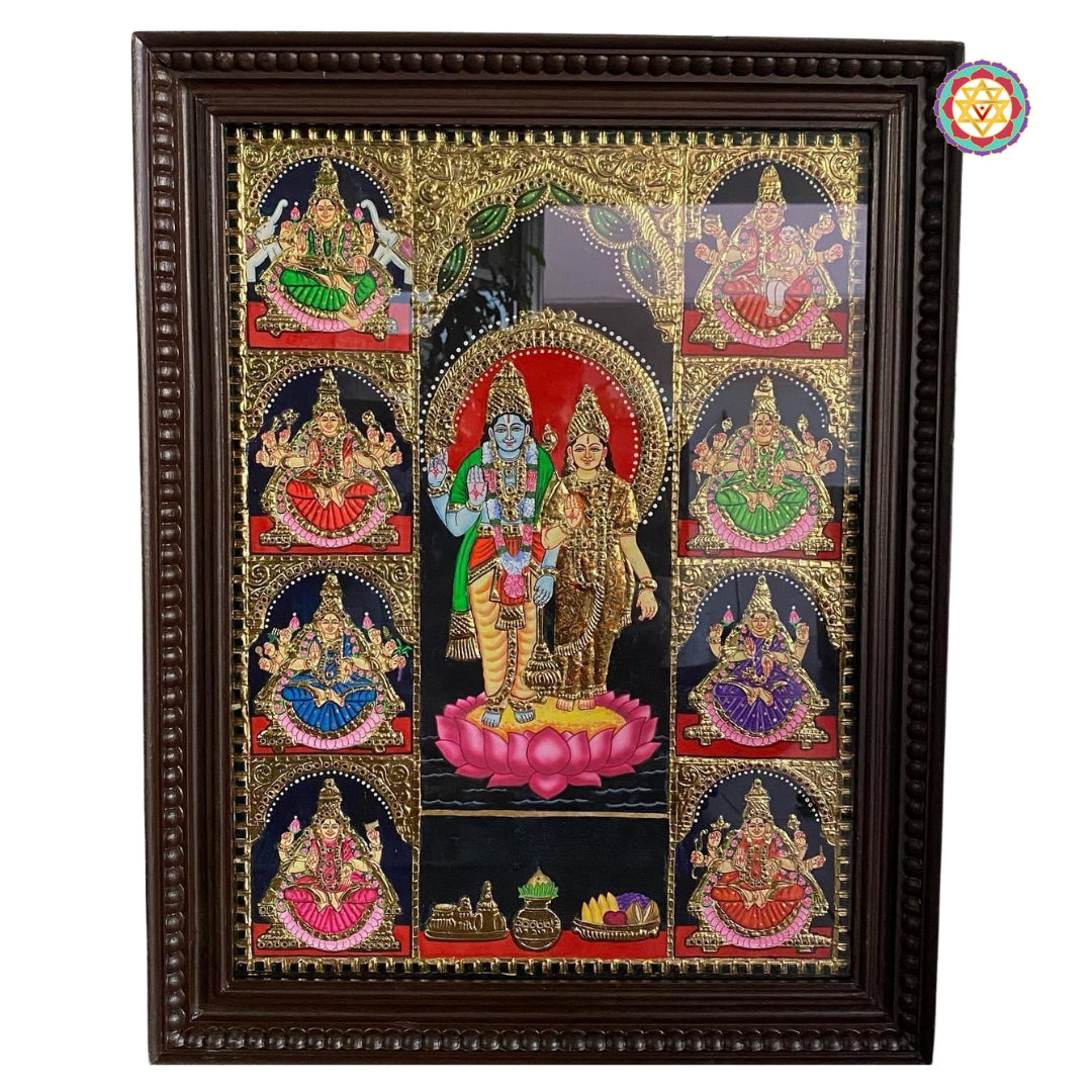 “Antique-style Tanjore painting of Ashtalakshmi with Lord Vishnu in traditional teakwood frame”