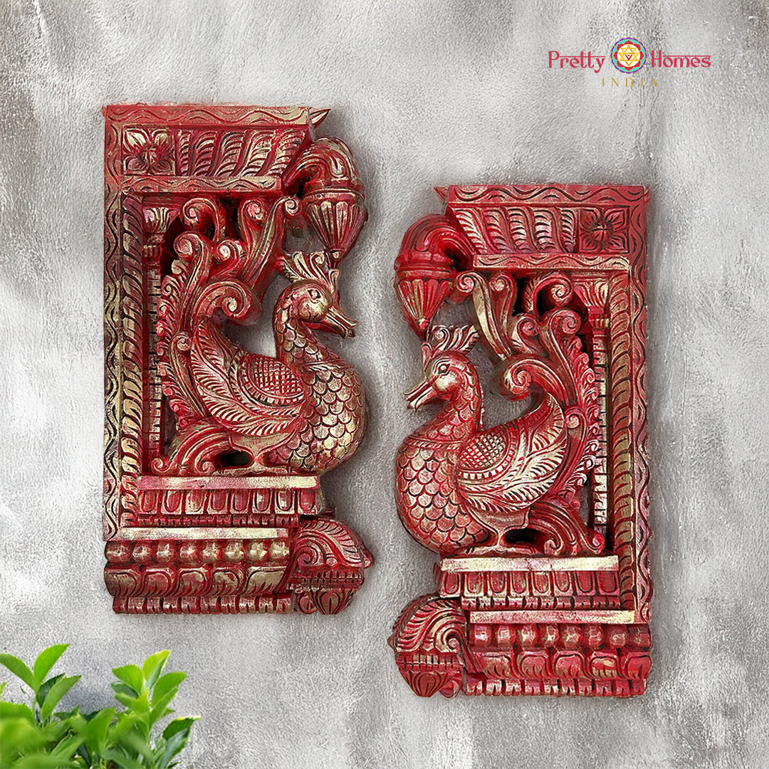 Hand-carved wooden annapakshi wall brackets in rustic red finish