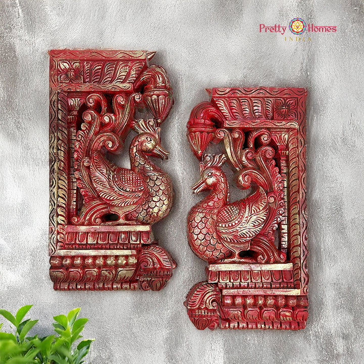 Intricately Handcarved Beautiful Standing Hamsa Bird (Annapakshi) Paired Wooden Wall Brackets (Single))
