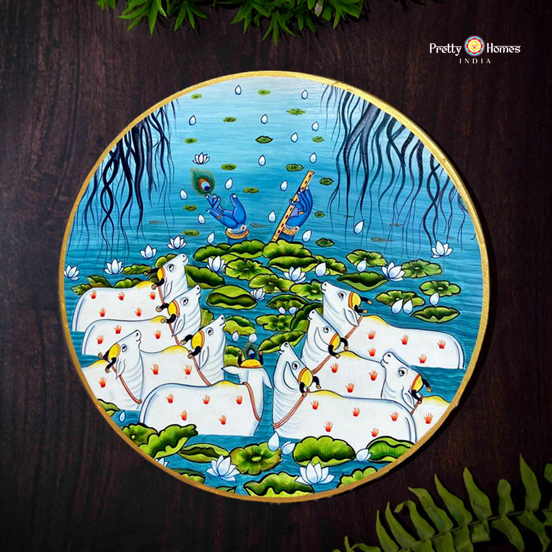 Krishna playing flute with cows and lotus pond handpainted pichwai plate