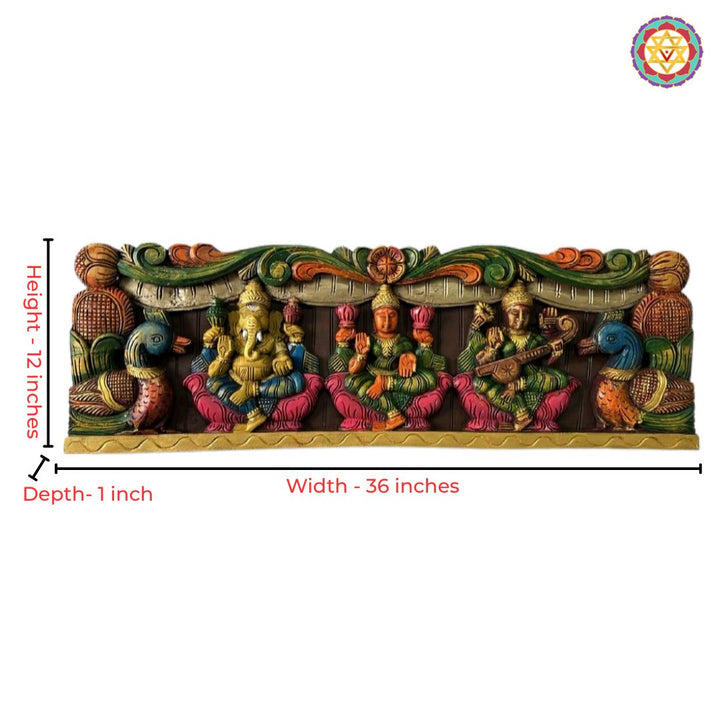 Horizontal Carved Panel – Lord Ganesha, Goddess Lakshmi & Goddess Saraswati