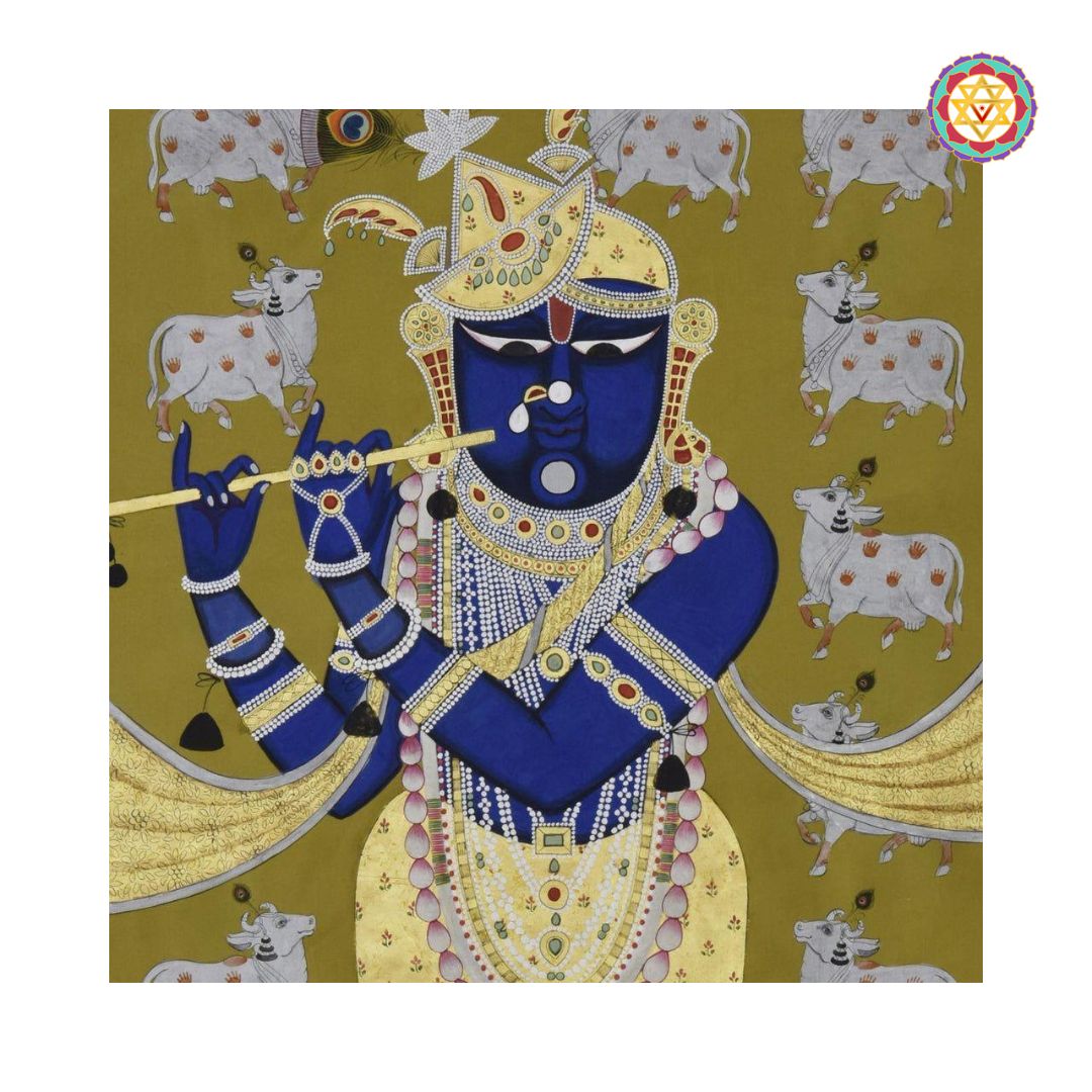 Close-up of Srinathji playing flute surrounded by white cows in hand-painted pichwai artwork.