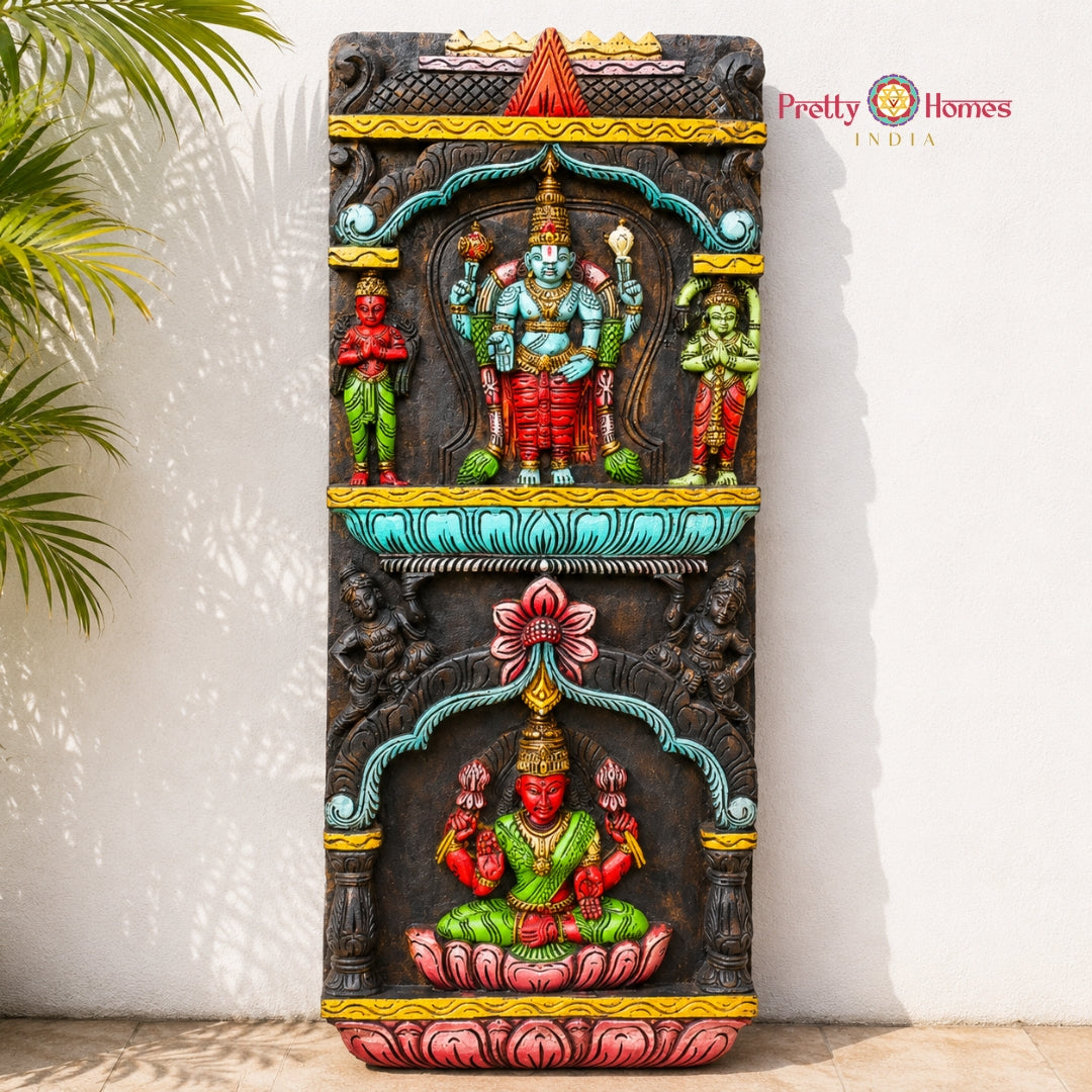 Vertical Wood-Carved Lord Balaji with Lakshmi Wall Panel