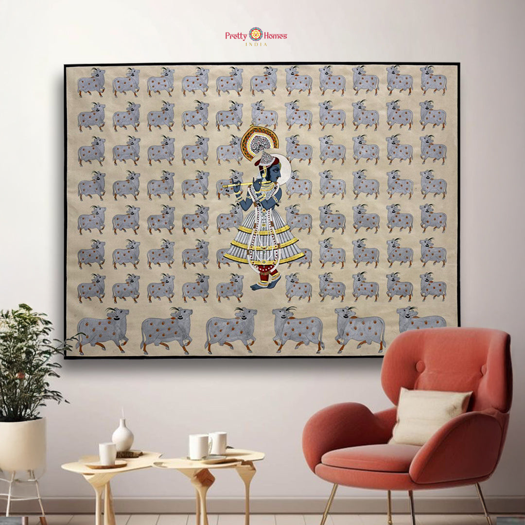 Krishna with Cows — Vintage-Style Handpainted Pichwai for Heritage Interiors