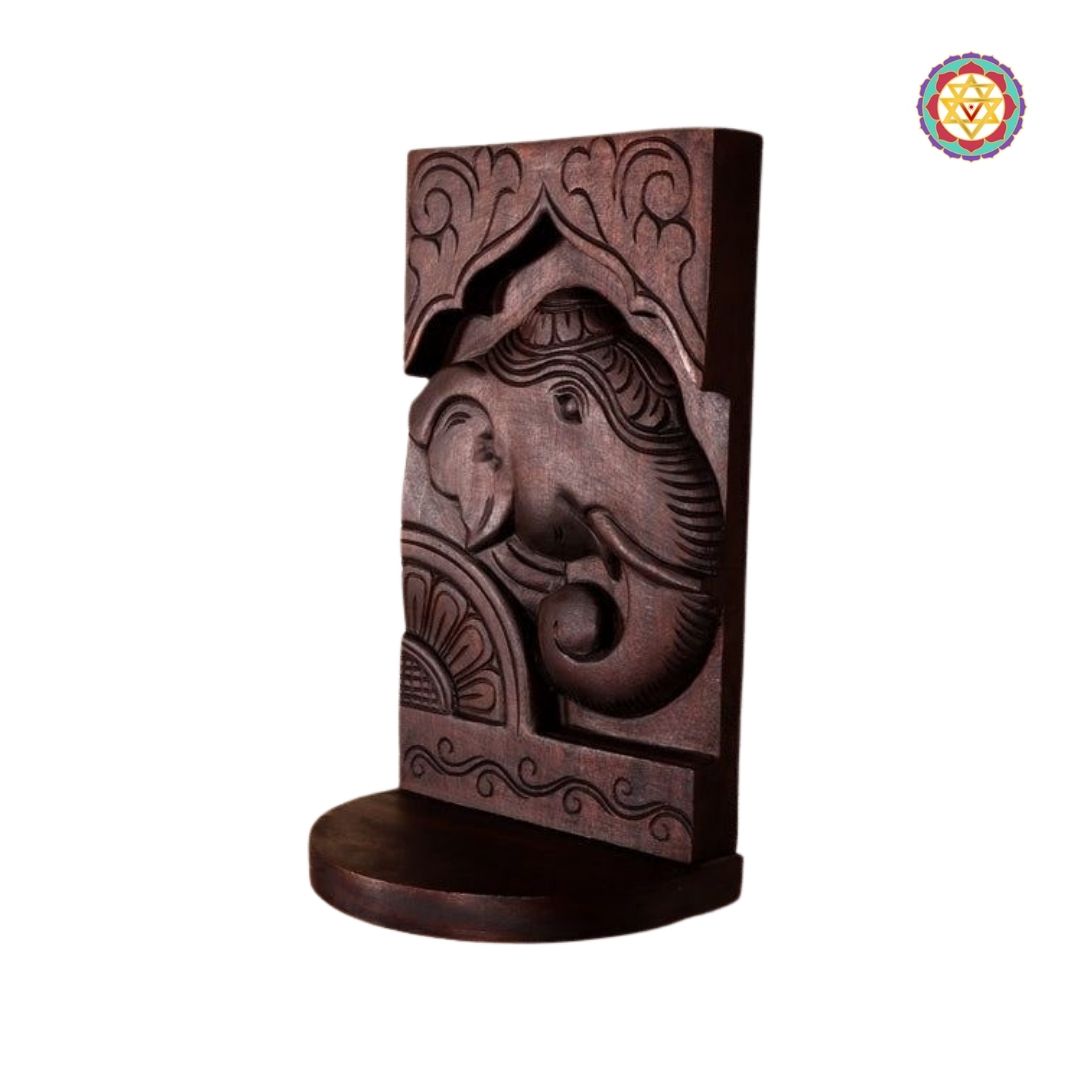 wood carved multipurpose elephant design mount wall shelf angled view showing shelf utility and carving
