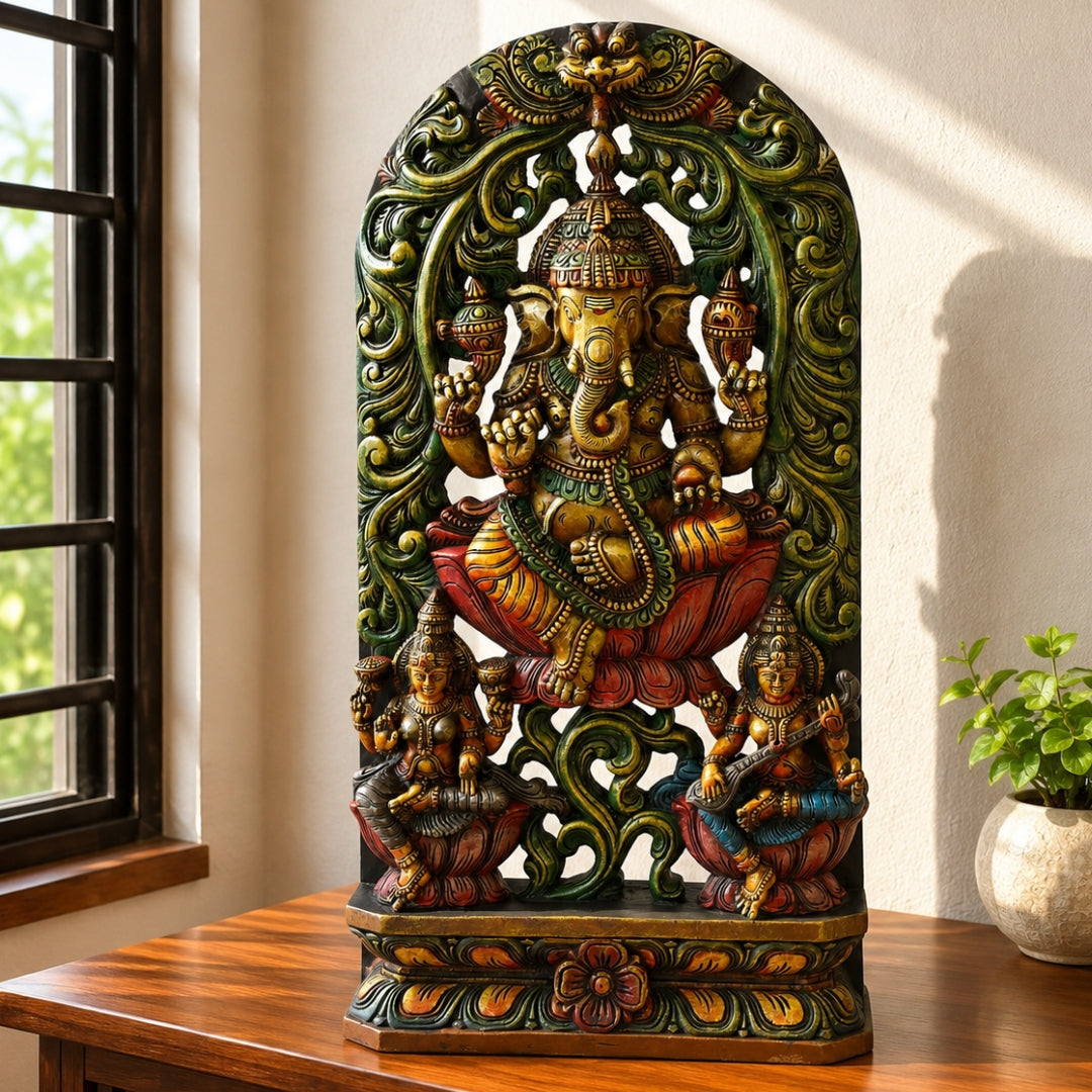 Ganesha with Laxmi & Saraswati — Hand-Carved Wooden Idol